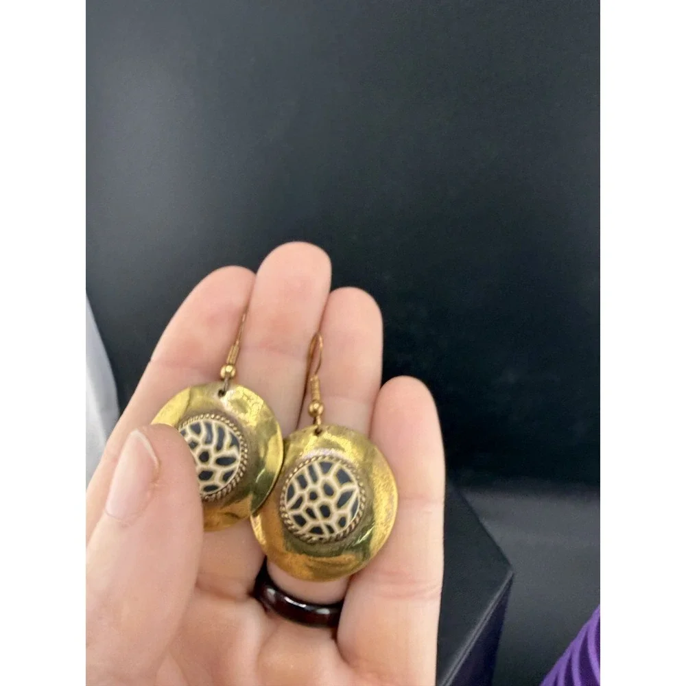 Vintage Bangle Bracelet Dangle Earrings Set‎ Clay Inlay Brass Tone 6.5